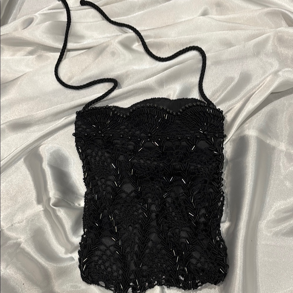 Black Beaded Crochet Crossbody Bag